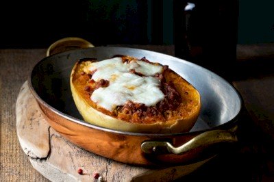 Spaghetti Squash with Honey Roasted Peppers, Zucchini and Crispy Goat Cheese Medallions