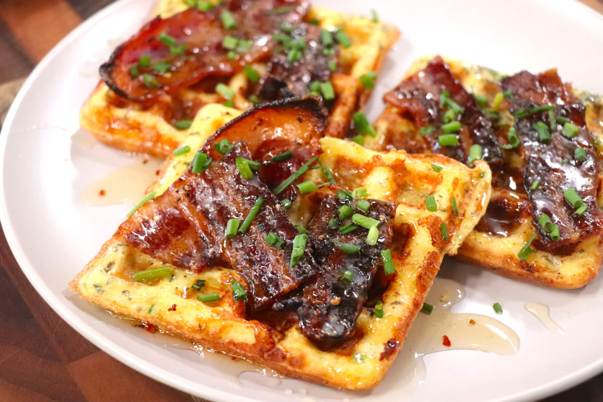 Featured image for “Savoury Cheddar Chive Waffles with Candied Bacon”